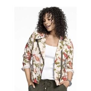 Lane Bryant Floral Moto Jacket Womens 20 Pink Green Cream Stretch Cottage Resort